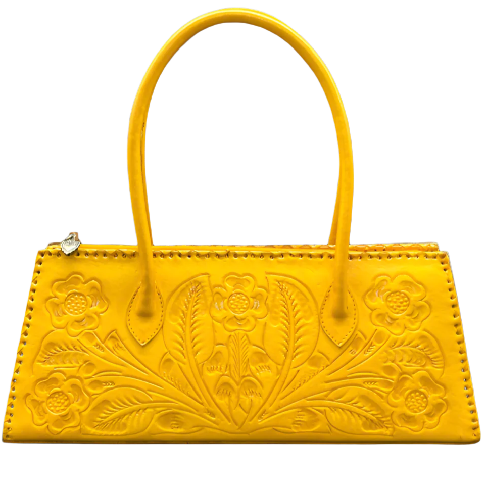 yellow leather hand-tooled artisan western handmade shoulder purse stylish trending rodeo